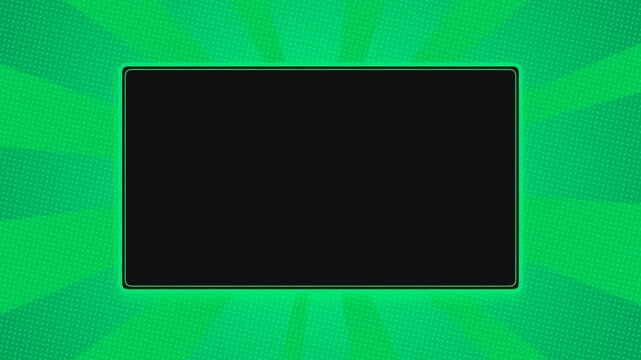Green comic background with frame and sunburst rays for video production