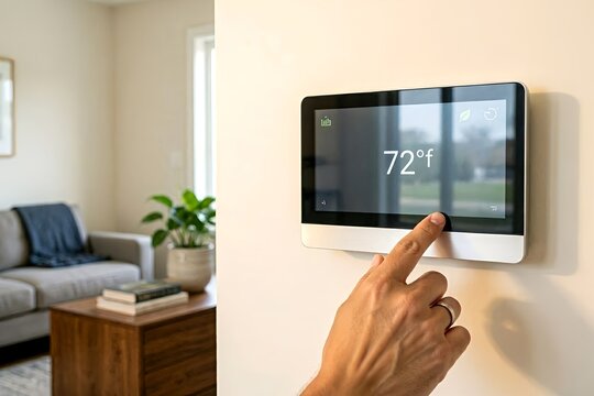 A hand adjusts a smart thermostat displaying 72&deg;F on a wall, demonstrating energy-efficient climate control, home automation, and modern smart home technology