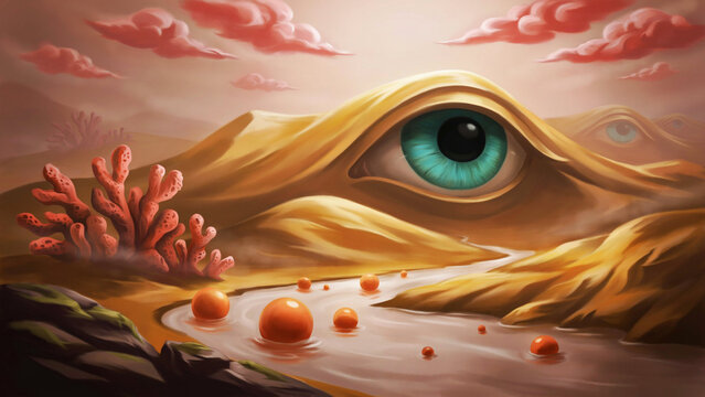 Surreal desert landscape evoking all the feels with a giant watchful eye