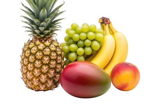 Fresh fruits including pineapple, grapes, bananas, mango and peach isolated on transparent background