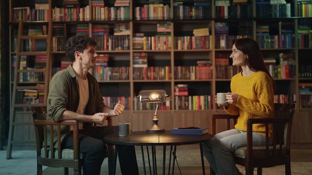 Smiling red-haired woman and male colleague drinking tea in cozy bookstore