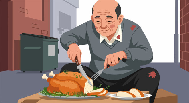 Homeless man vector illustration eating roast turkey. Hungry person carving roasted chicken with knife and fork on street. Social issue concept for banner, poster, and advertising.