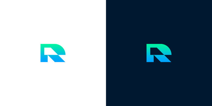 Modern letter R logo design template in vibrant blue and green gradient with white and dark background options