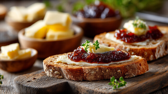 Fresh rustic bread topped with creamy butter and berry jam on a wooden board. Homemade breakfast or snack with natural ingredients, cozy morning atmosphere and traditional comfort food.