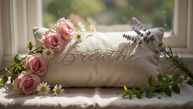 Embracing all the feels serene 'breathe' pillow with roses and lavender