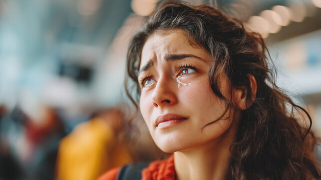 Emotional young woman with tears in her eyes waiting at the airport terminal. Travel stress, flight delay, canceled trip, homesickness, anxiety and passenger emotions concept.