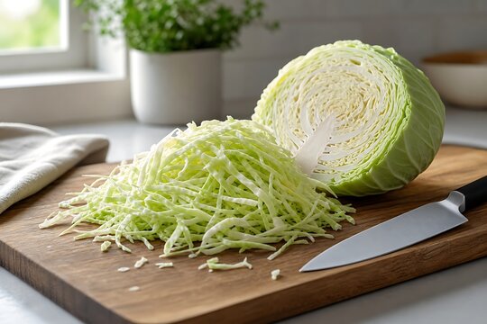Fresh shredded green cabbage and half head on a wooden cutting board with a knife, portraying home cooking preparation, fresh salad ingredients, and healthy eating.