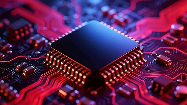 Dark microchip with golden pins on glowing circuit