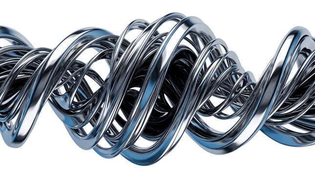 Metallic chrome spiral abstract, twisted silver wire sculpture, futuristic industrial steel cables, high-tech polished metal texture for engineering isolated PNG with Transparent Background