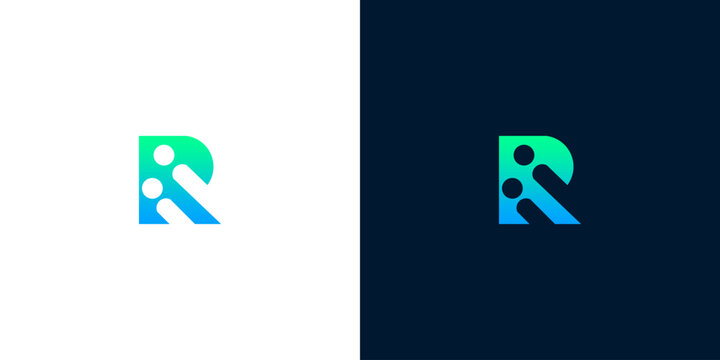Modern abstract letter R logo design with gradient blue and green dots on white and dark backgrounds