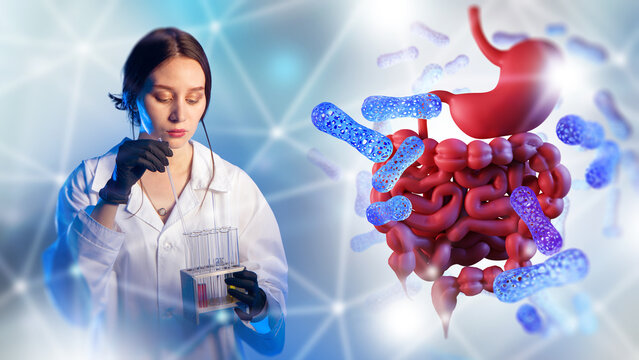 Biomedical research. Laboratory scientist analyzes gut microbiome samples while studying intestinal bacteria and digestive system health.