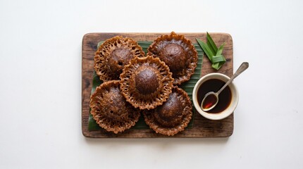 Fototapeta premium Traditional Indonesian sweet palm sugar fried fritters, Kue Cucur, served on a wooden board with banana leaf, palm sugar syrup, and pandan leaves isolated on a white background.