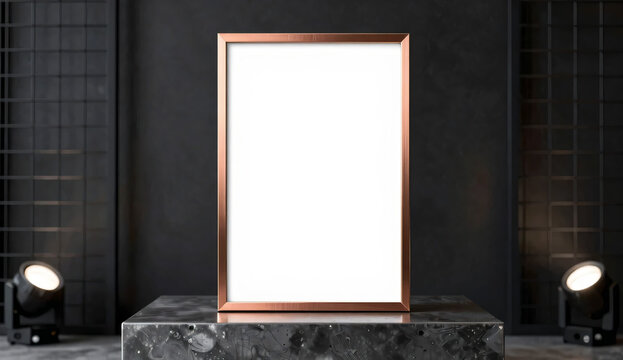 Vertical brushed copper frame mockup on steel block podium with dark wire mesh background