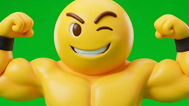 Muscular cartoon character flexing bicep on vibrant green background
