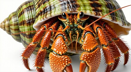 Macro shot of hermit crab with orange legs, antennas peeking from spiral shell. Close up view shows textured exoskeleton pincers, dark eyes of tiny marine crustacean. Small sea animal crawls on sandy © Vadym