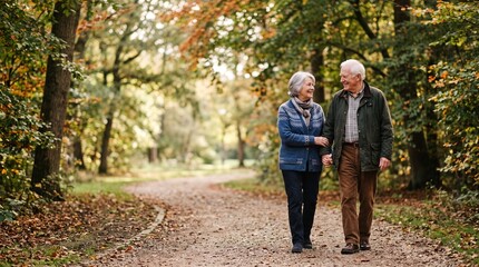 Obraz premium Elderly couple holding hands walking on a path in an autumn forest during the day