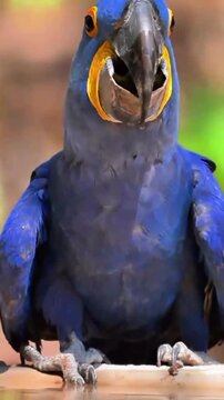 Hyacinth macaw bird drinking fresh water in a vibrant tropical nature setting shown in a detailed close up motion clip