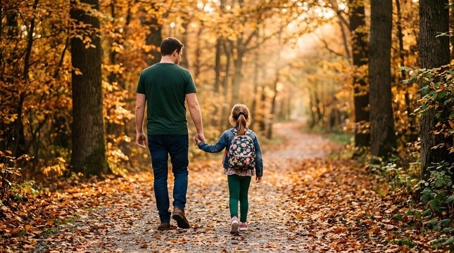 Back to school father and daughter walking to school in autumn woods family education concept