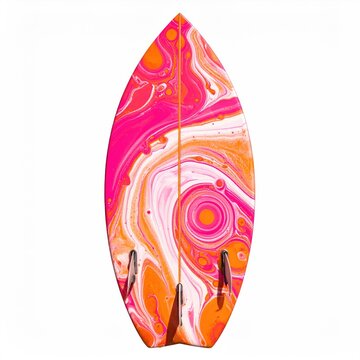Vibrant surfboard with swirling pink, orange, and white epoxy art