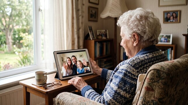 Elderly woman video calling her family on a tablet computer while sitting in her living room