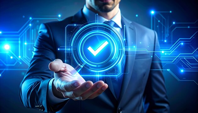 Businessman's hand displaying a glowing digital checkmark surrounded by circuit board lines. Perfect for visualizing IT security, software updates, and successful tech compliance.