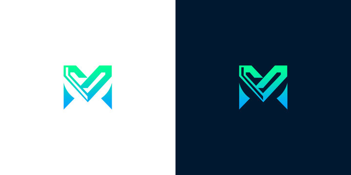 Modern geometric letter M logo design with blue and green gradients for technology startups and digital business identity branding