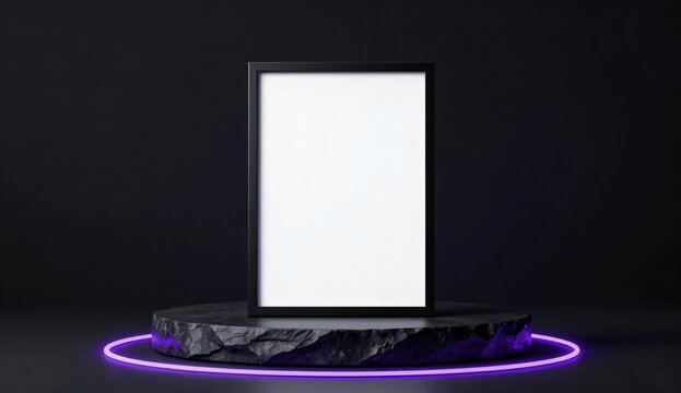 Vertical black frame mockup on dark obsidian podium with glowing purple neon ring background