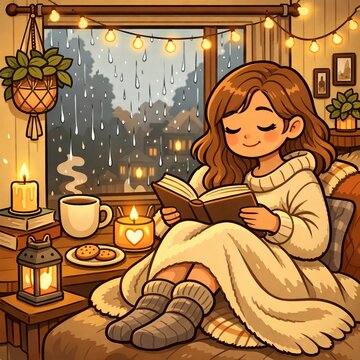 Cozy Rainy Evening Reading by the Window with Coffee and Candlelight