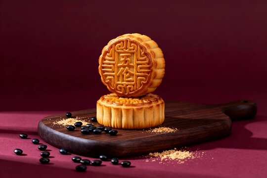 Chinese Mooncakes on Wooden Board with Red Background