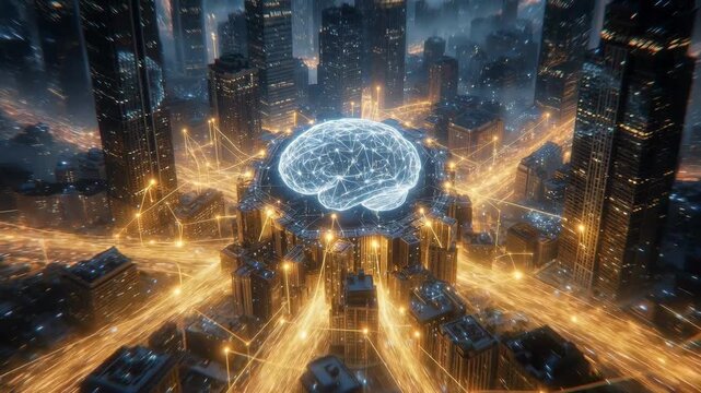 Glowing brain-shaped network over futuristic city in digital style on night background, concept of innovation and connectivity