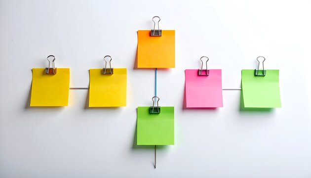 Colorful sticky notes connected as a workflow diagram, representing project management, planning, brainstorming, organization, and task coordination.