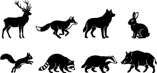 Obraz premium wild forest animal silhouettes including deer fox wolf and rabbit vector collections