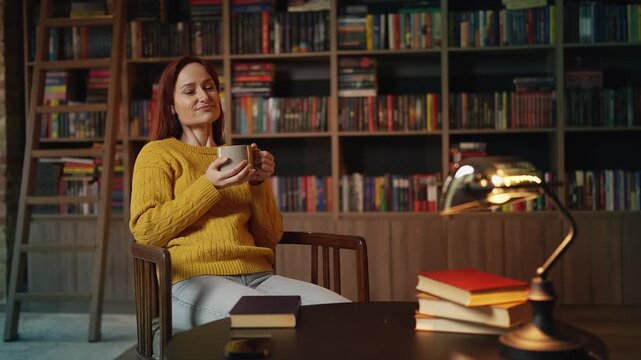 Cheerful red-haired woman drinking tea in cozy coffee shop during weekend