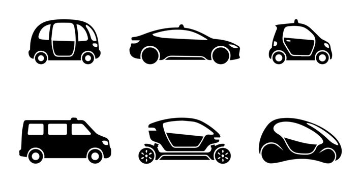 Futuristic Autonomous Vehicle Icons, Electric Car Silhouettes, Smart Mobility Concepts, Urban Transport Vector Set