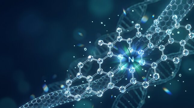 Abstract scientific background featuring a glowing nitrogen atom within a molecular structure and DNA helix.
