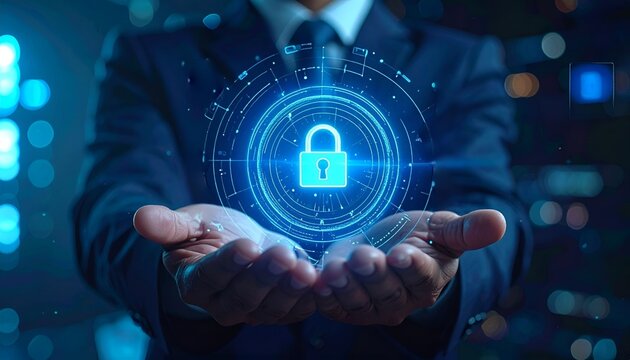 Hands presenting a holographic padlock icon, illustrating cybersecurity, cloud security, encrypted communications, digital privacy, and information protection.