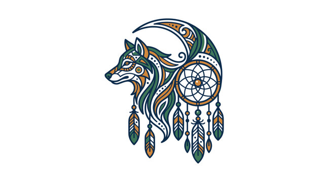 Stylized wolf head with dreamcatcher and crescent moon design