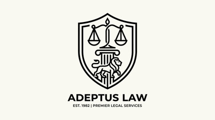 Fototapeta premium Legal emblem with scales of justice, lion, and pillar inside shield, representing law, justice, and legal services.