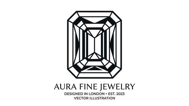 Elegant Emerald Cut Diamond Logo Design - Aura Fine Jewelry Vector Illustration