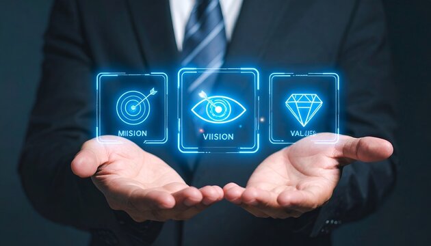 Businessman displaying digital mission, vision, and values interface with futuristic holographic icons, symbolizing corporate identity, leadership, strategy, and company culture.
