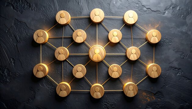 Large interconnected wooden user network on a dark textured background, representing social connections, collaboration, digital communication, teamwork, and organizational structure.