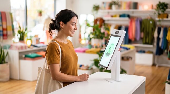 Woman using self checkout kiosk in retail store