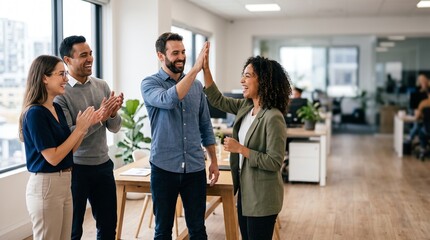 Obraz premium Diverse business team celebrating success with high fives and applause in a modern office environment