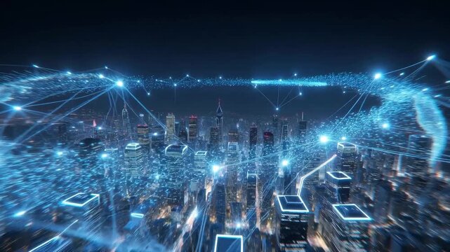 Glowing digital network lines spanning a cityscape in a futuristic style on a night background, concept of global connectivity