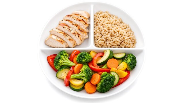 Top view of a divided portion control plate with grilled chicken breast, brown rice, and colorful steamed vegetables, portraying balanced healthy nutrition, diet planning, and fitness eating.