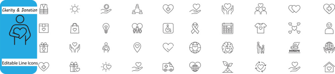 Fototapeta premium Charity and Donation line icons, set of 40 editable stroke vector symbols, nonprofit organization and social care outline graphics for web design,clean outline vector