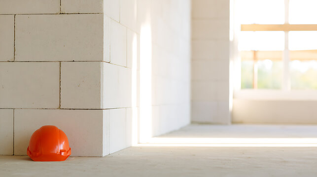 Orange hard hat rest on concrete floor near a corner of a white brick wall in a brightly lit house under construction, with a blurred window view