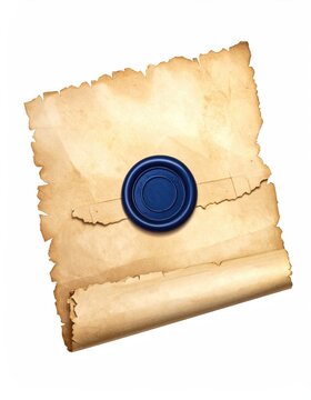 Aged, torn parchment scroll secured with a blue wax seal