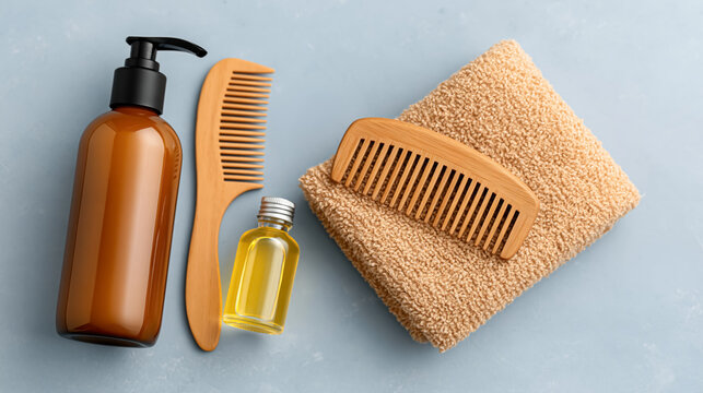 Natural hair care set with bottles, wooden combs, and towels on blue background