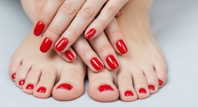 Close up of red painted toenails and fingernails.